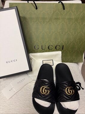 Authentic Gucci Marmont Black Leather Slide Sandals with Gold GG Hardware